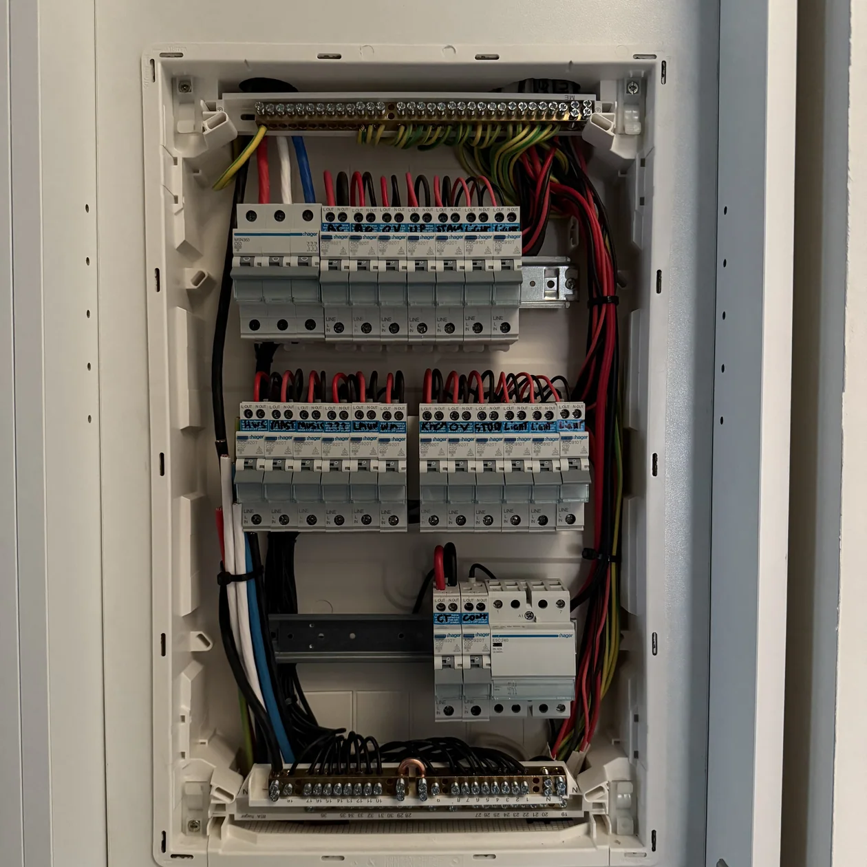 Modern switchboard with breakers and safety switches on every circuit