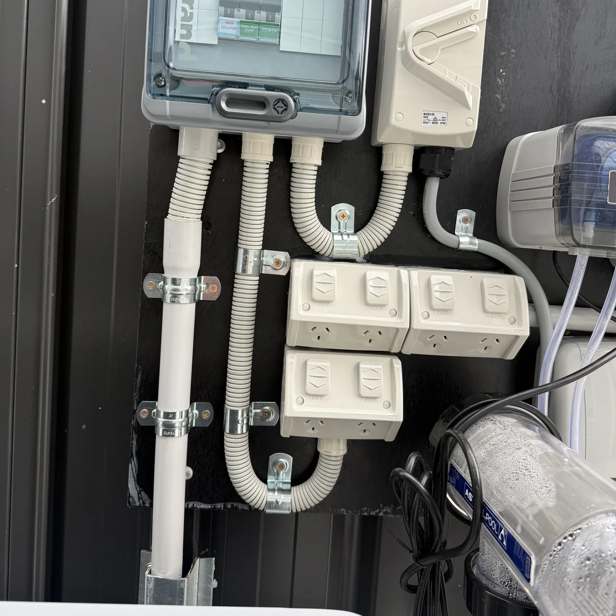 Weatherproof isolator and powerpoints wired for pool equipment