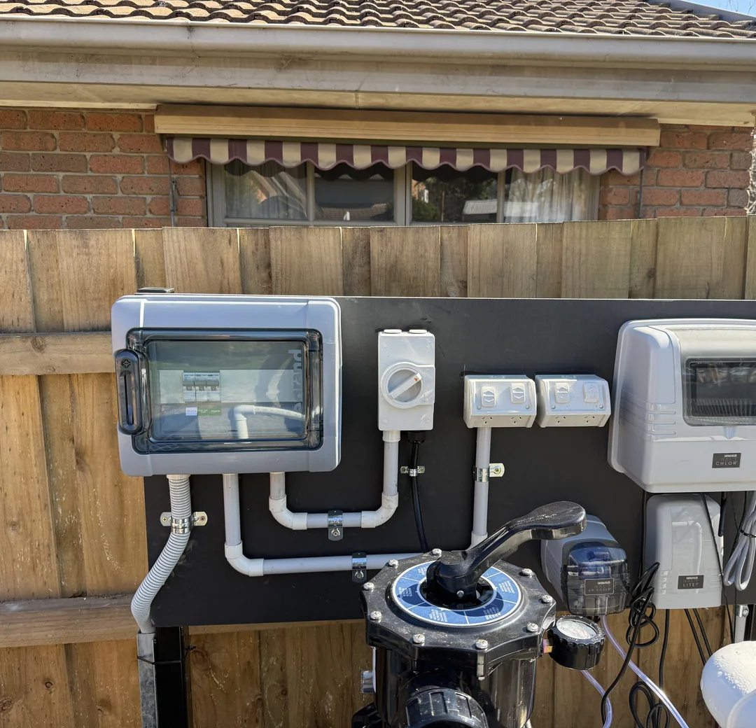 Weatherproof power and isolation installed for pool pump and filter equipment
