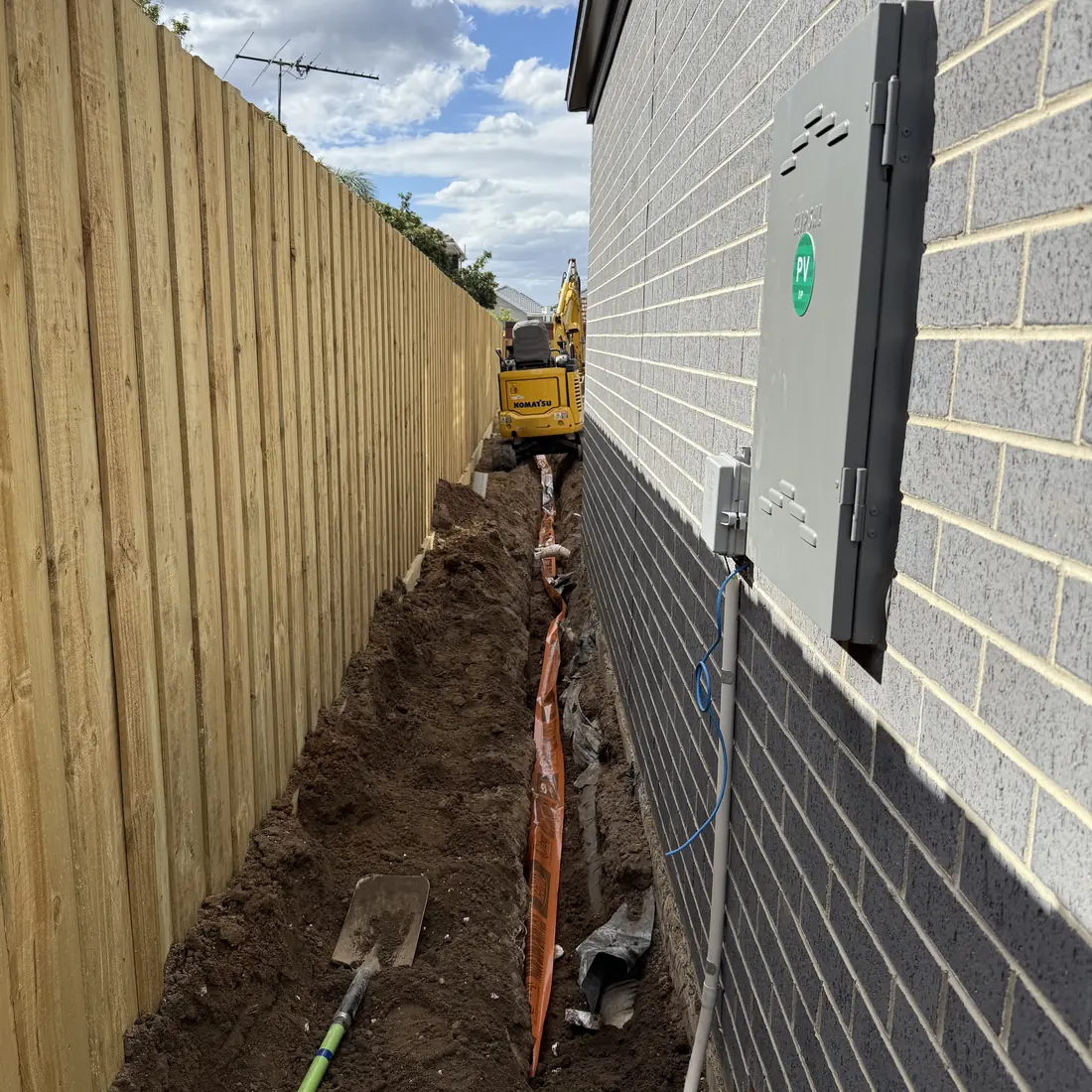 Trench and conduit run for a dedicated shed supply