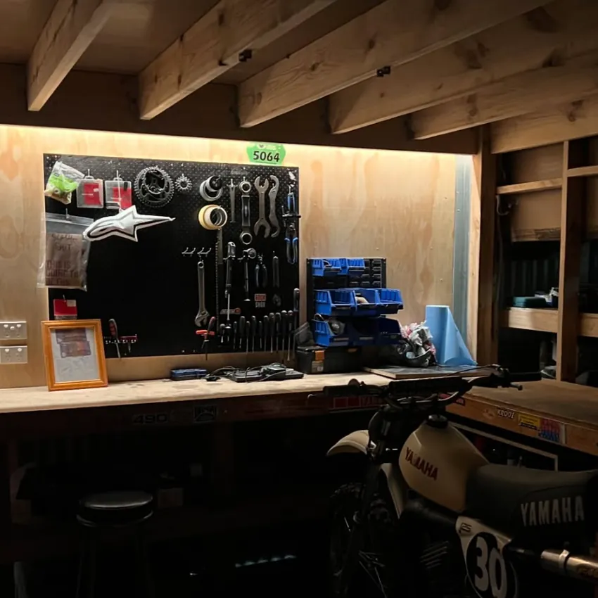 LED strip lighting installed above a workshop bench